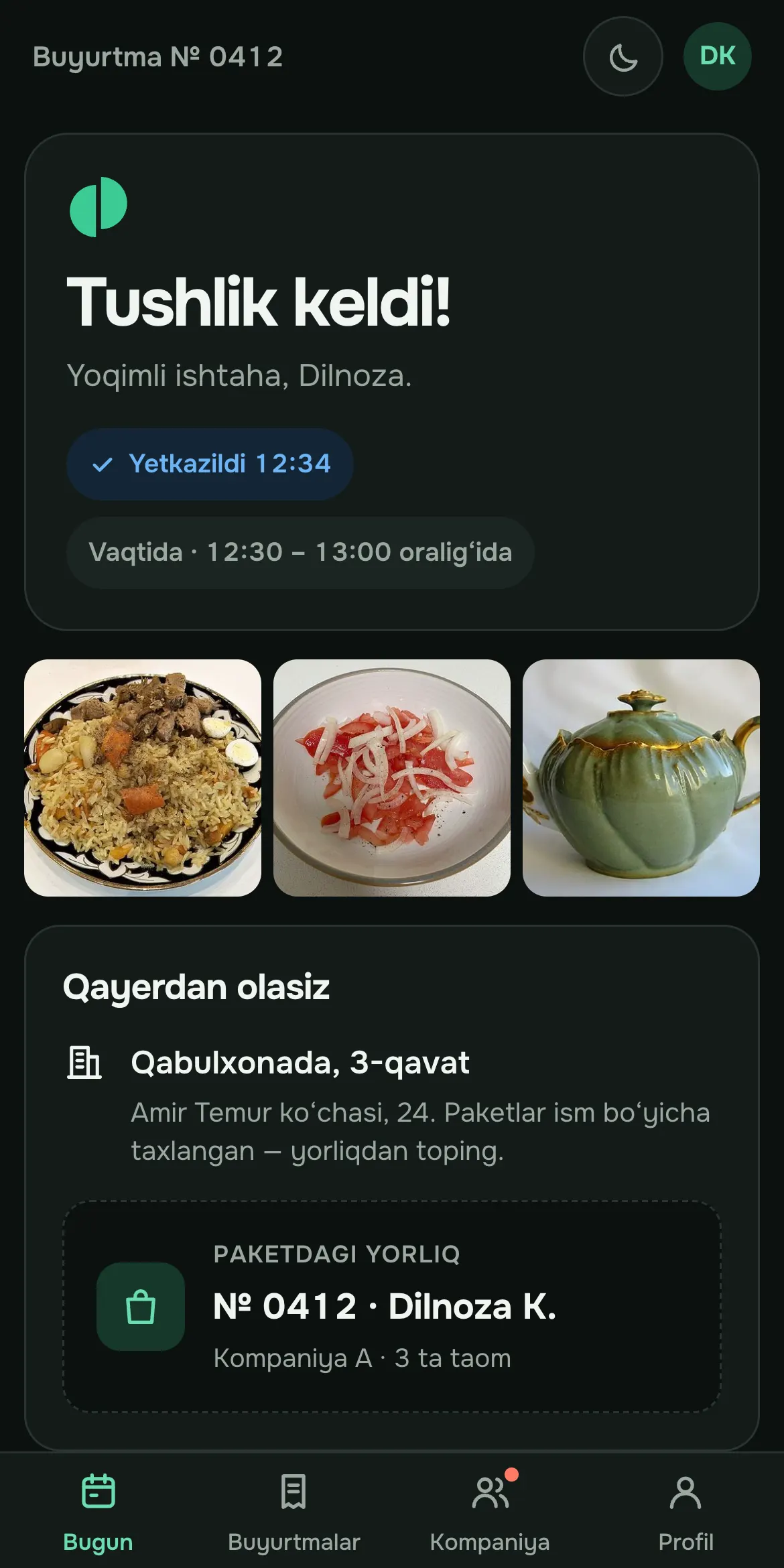 Xodim ekrani: tushlik keldi, olish joyi va paketdagi yorliq