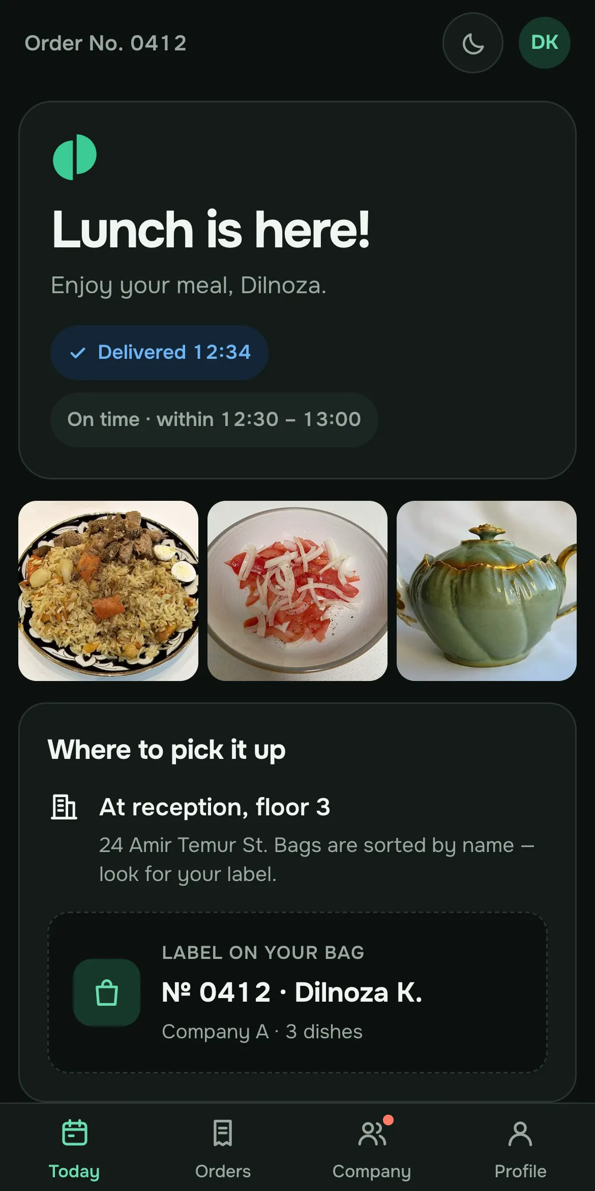 Employee screen: lunch has arrived, where to pick it up and the bag label