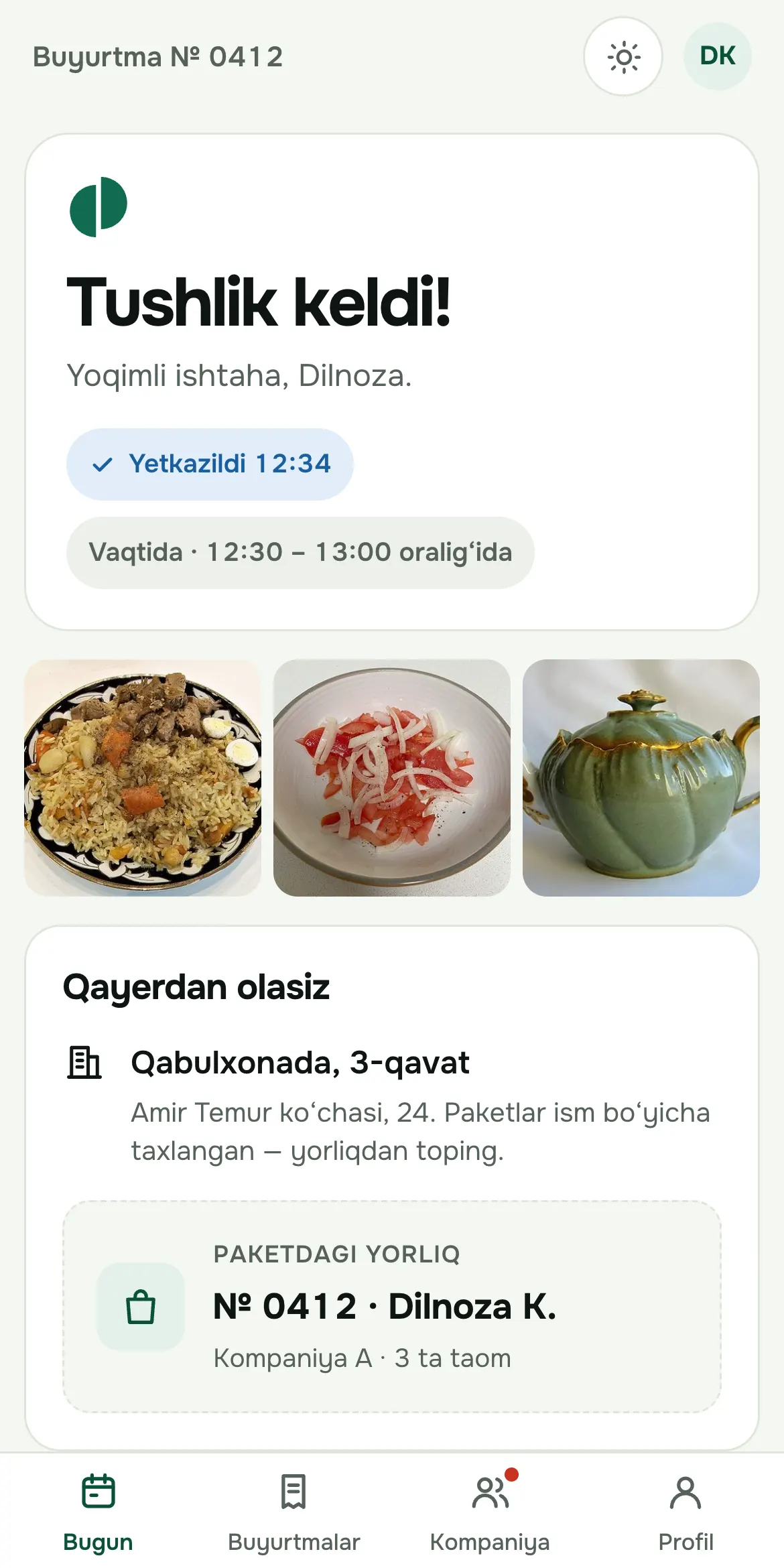 Xodim ekrani: tushlik keldi, olish joyi va paketdagi yorliq
