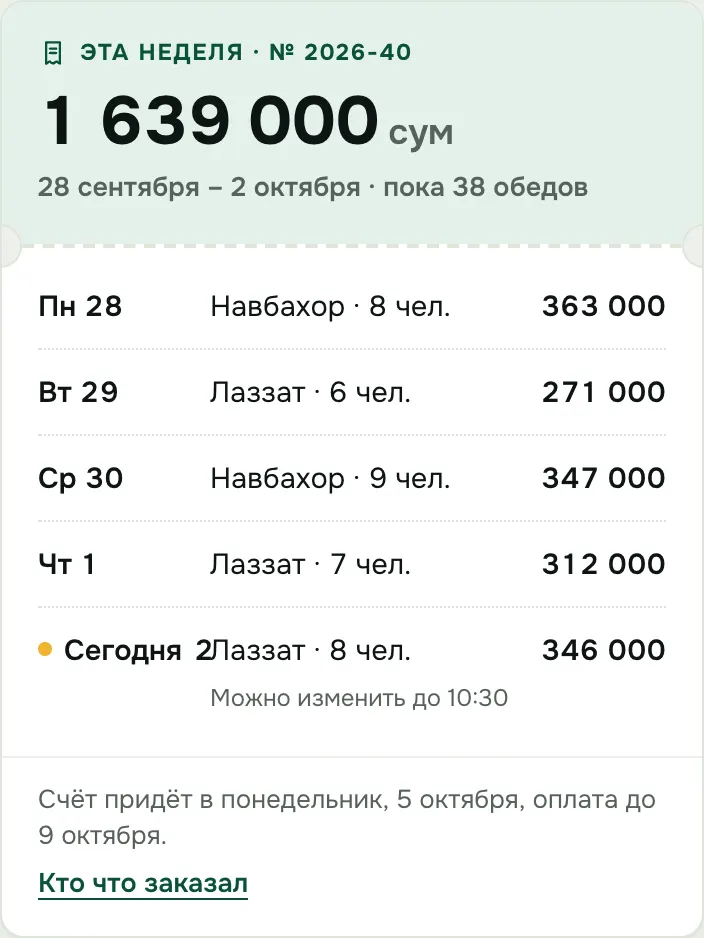 Расчёты компании: счёт текущей недели по дням