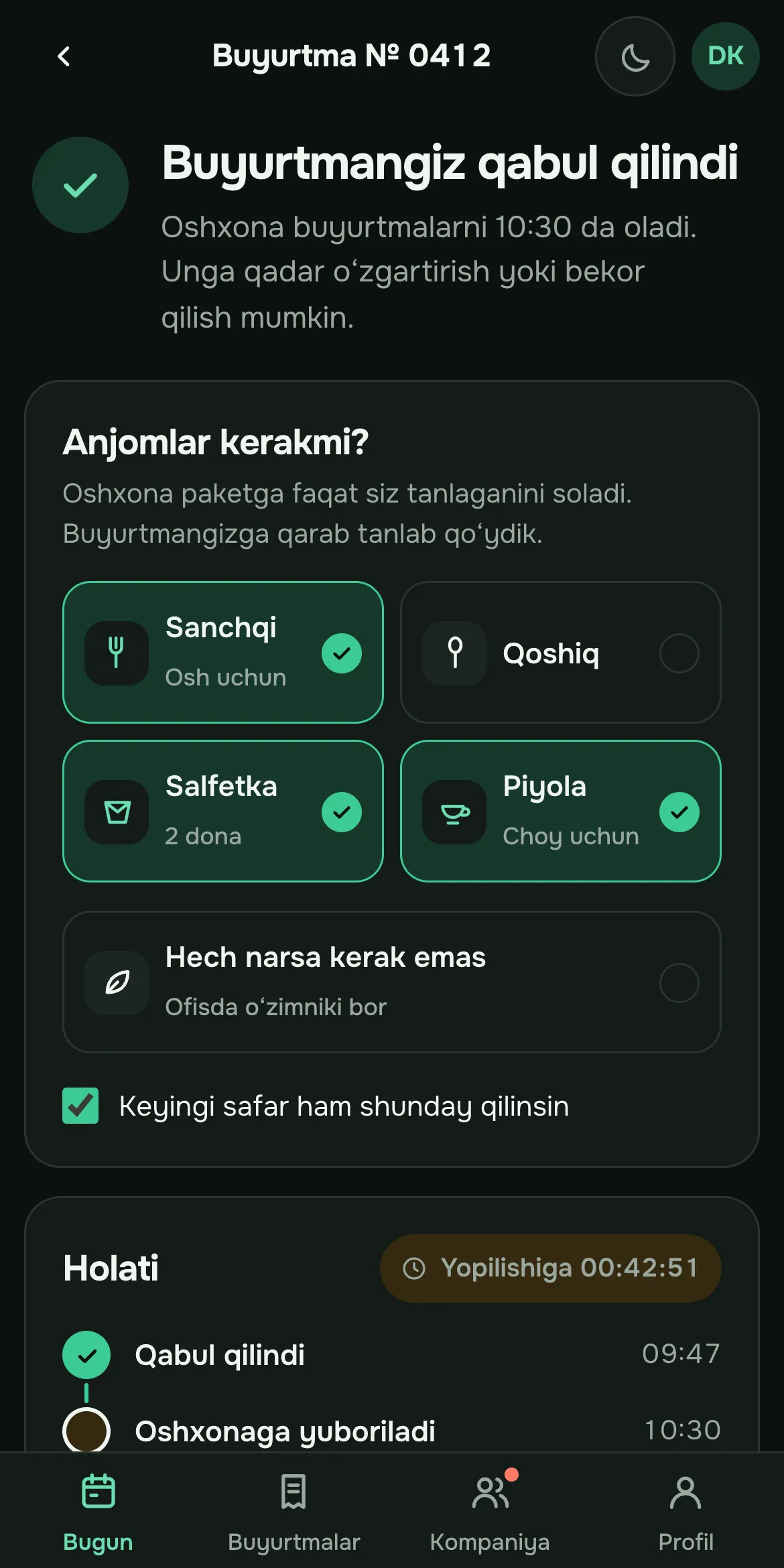 Xodim ekrani Telegramda: buyurtma qabul qilindi, anjomlar tanlangan