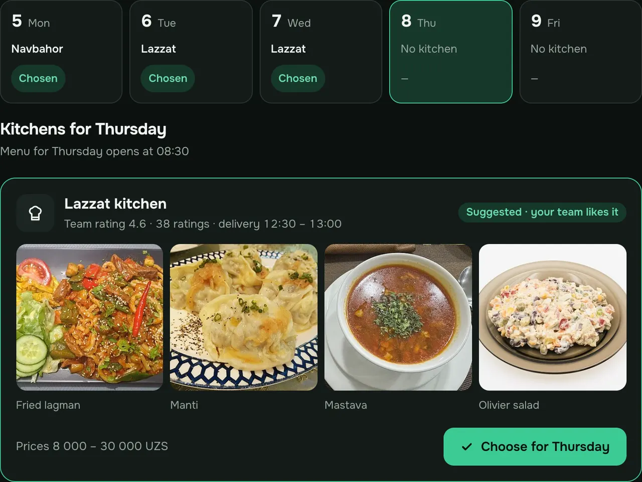 Company admin screen: choosing a kitchen for each day of the week