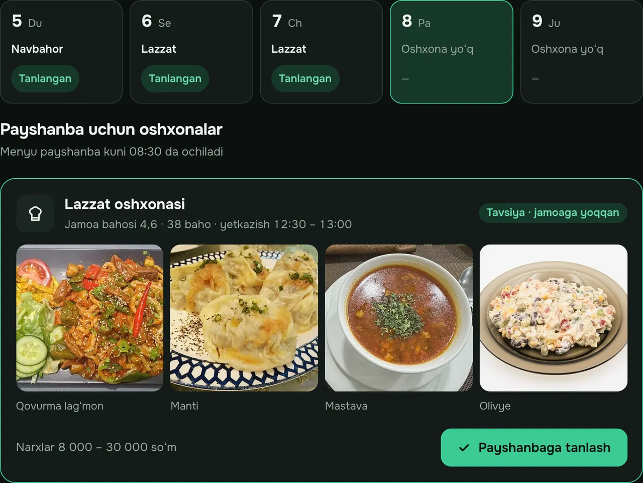 Kompaniya admini ekrani: hafta kunlari boʻyicha oshxona tanlash