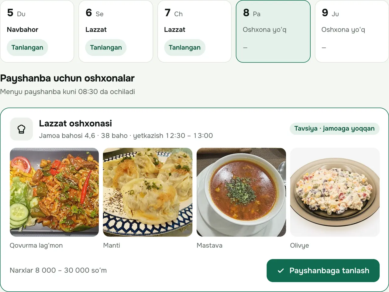 Kompaniya admini ekrani: hafta kunlari boʻyicha oshxona tanlash