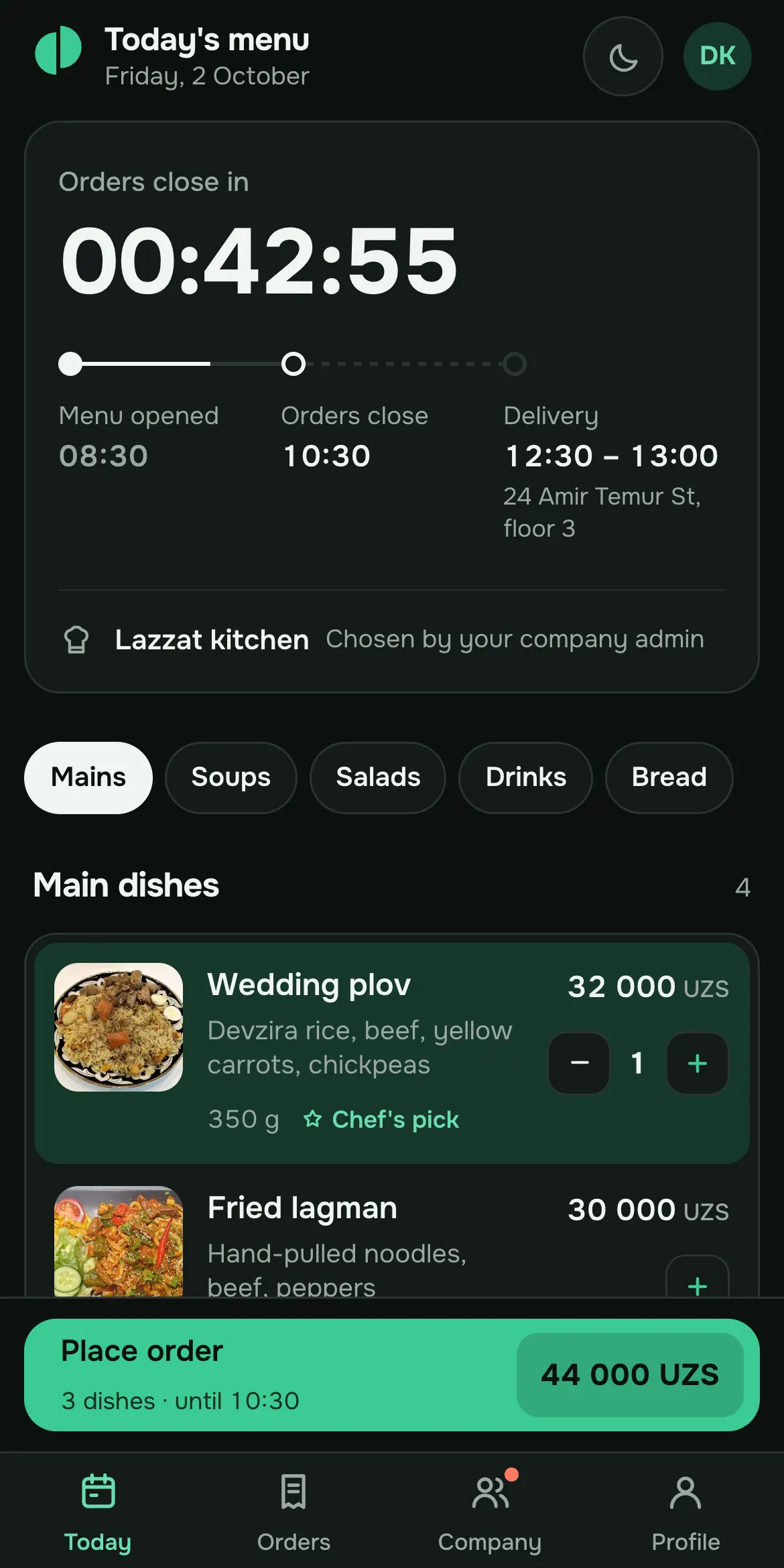 Tabletop in Telegram: today’s menu from Lazzat kitchen, 43 minutes left to order, three dishes in the basket