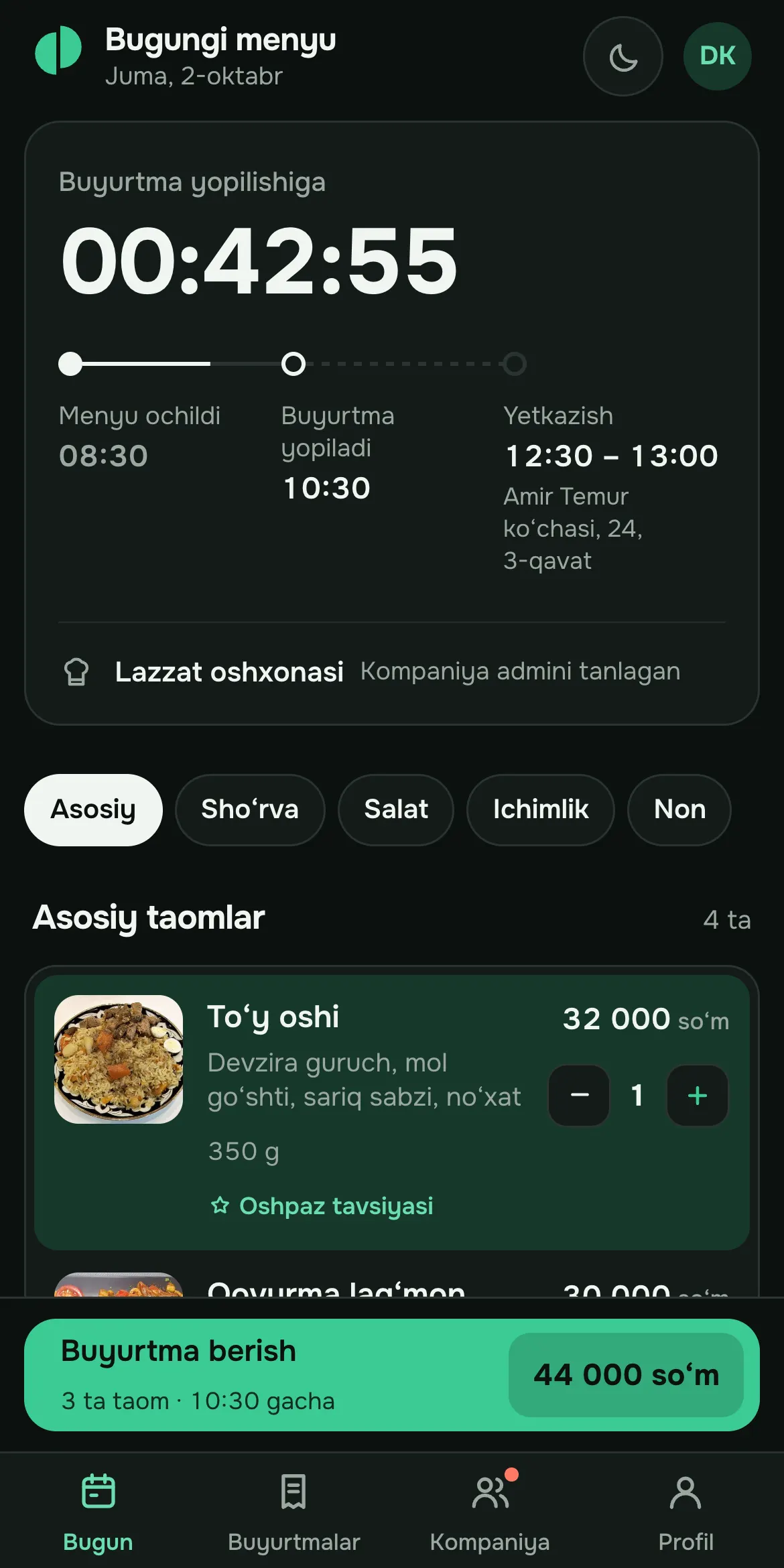Tabletop Telegramda: Lazzat oshxonasining bugungi menyusi, buyurtma yopilishiga 43 daqiqa qoldi, savatda uchta taom